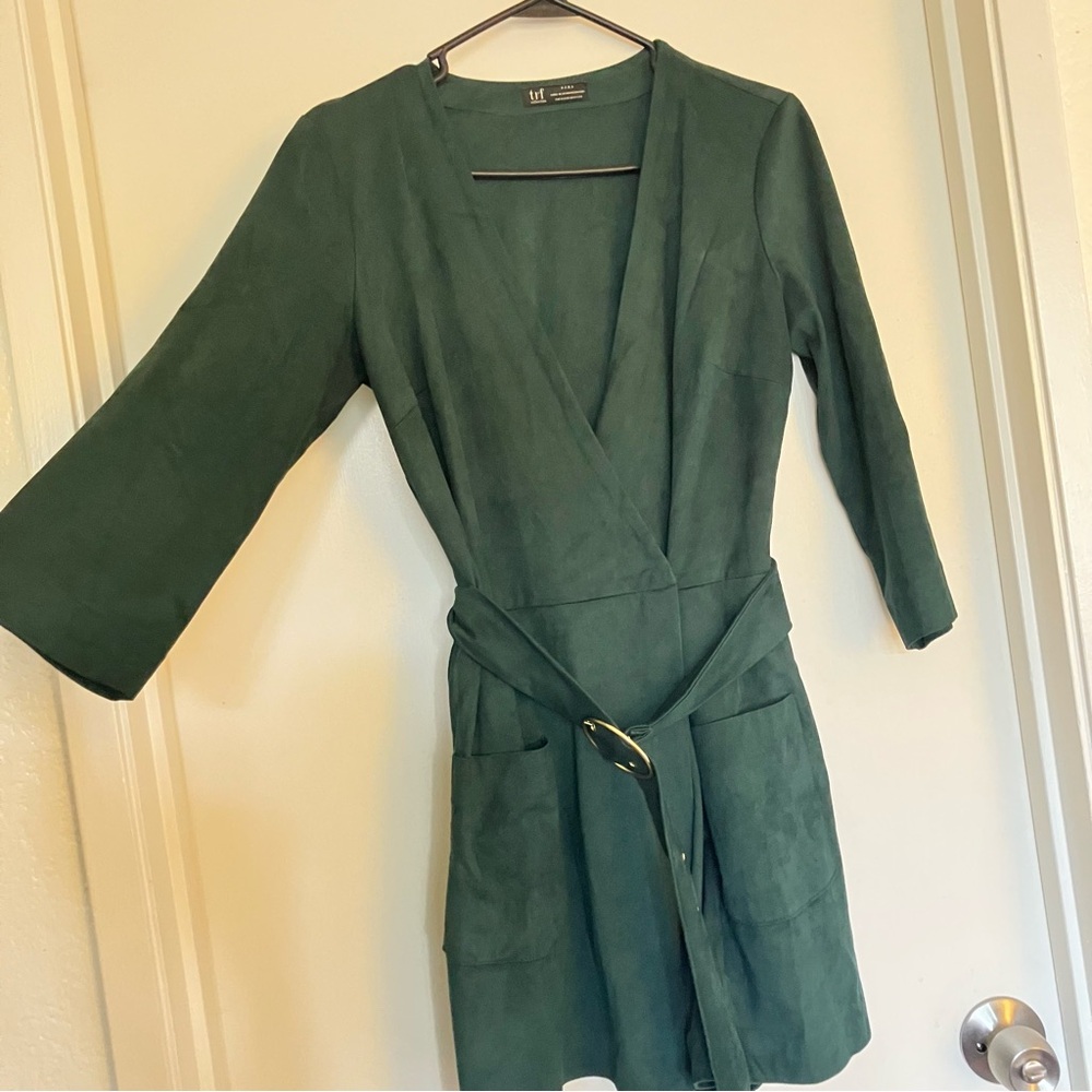 Zara TRF Collection Dark Green Faux Suede Belted Mock Wrap Romper Size Medium. - Picture 10 of 10